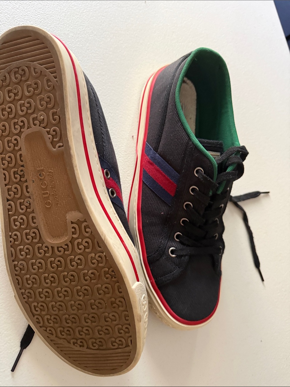 Gucci Men’s Black Canvas Sneakers with Red & Blue Stripe - Picture 6 of 11